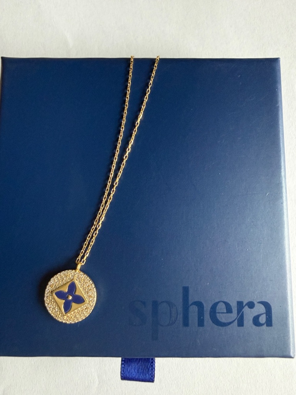 Gold-Tone Round Pendant Necklace with Blue Enamel Accent